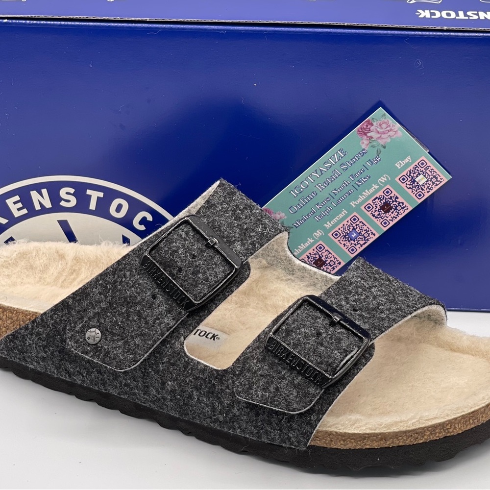NWOT Birkenstock Womens Arizona Felt Sherling in Dark Gray